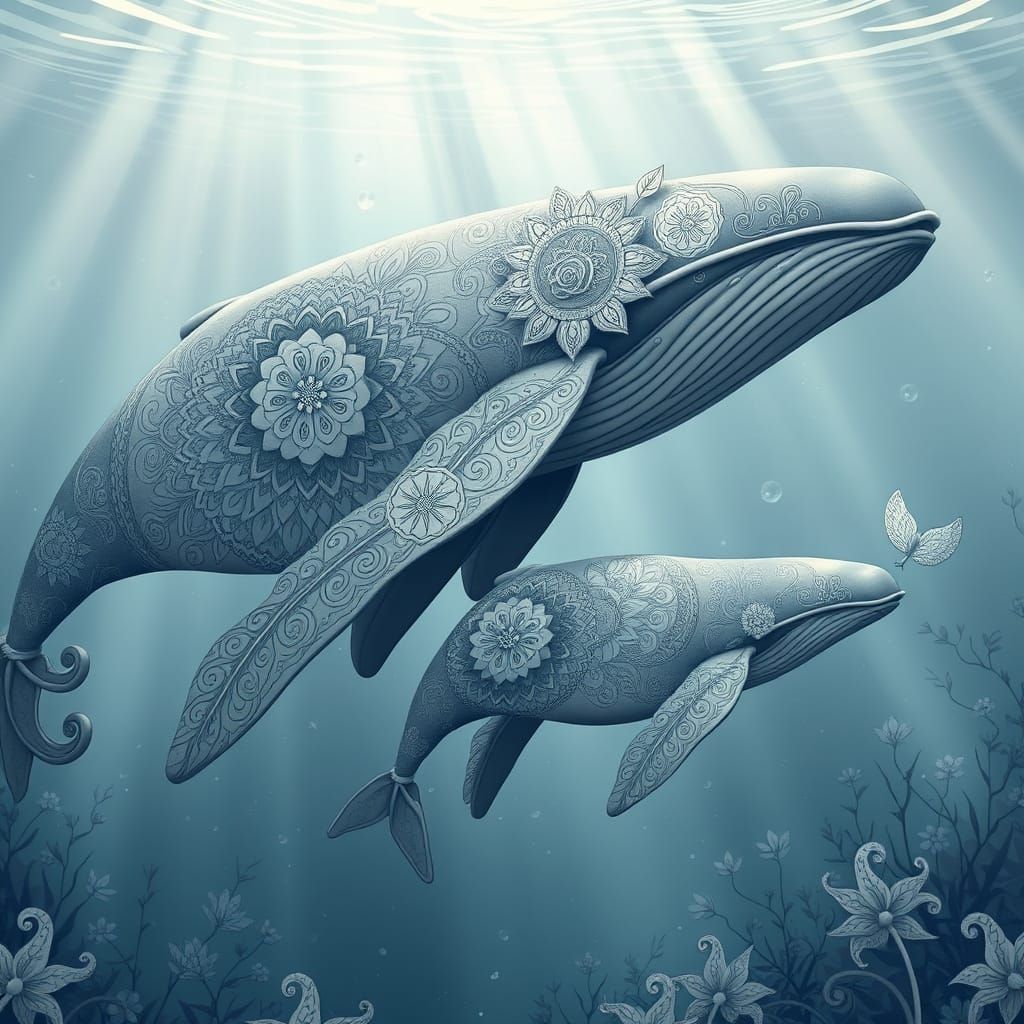 Majestic Whale and Calf Adorned with Intricate Mandalas in a...