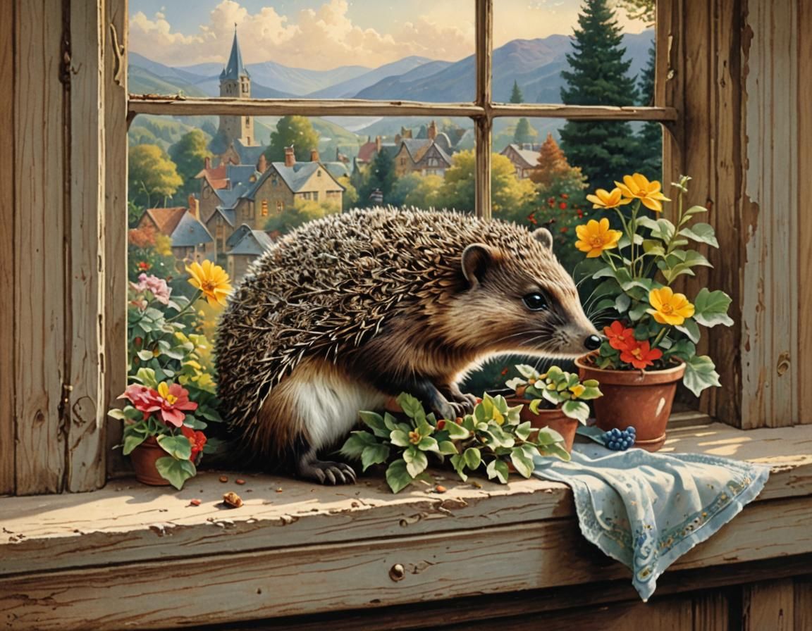 Watercolor Hedgehog on Vintage Windowsill in Realist Style