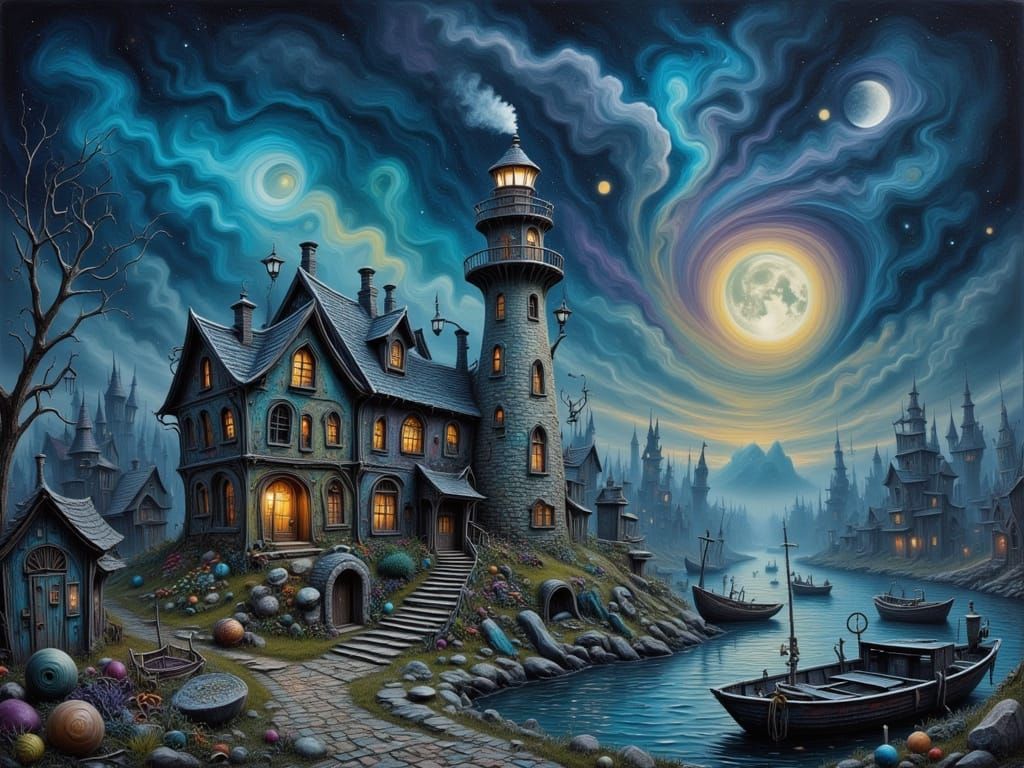 Dieselpunk Fishing Village with Nebula Sky