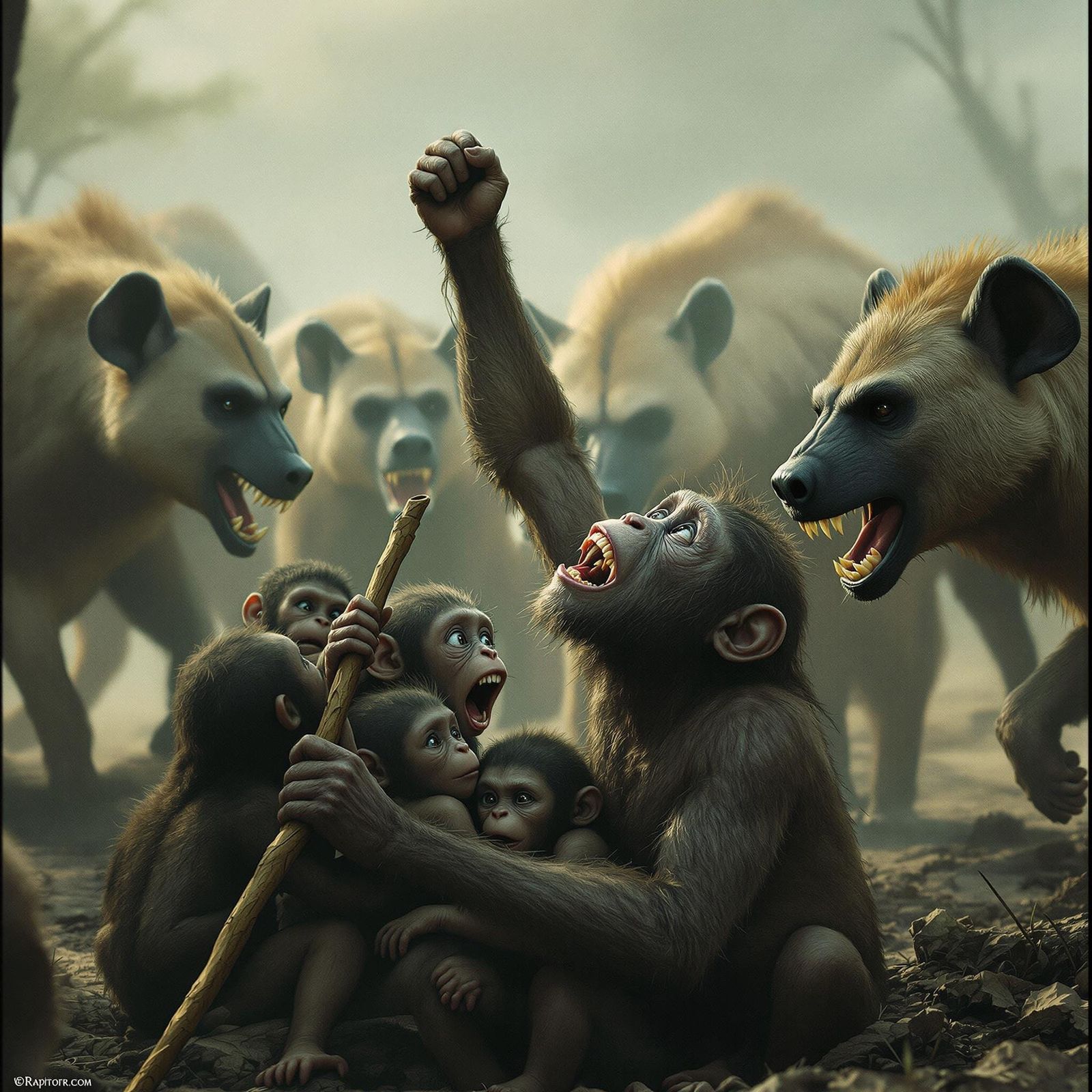 Ape-Like Homo Habilis Family Faces Fierce Pachycrocuta Pack...