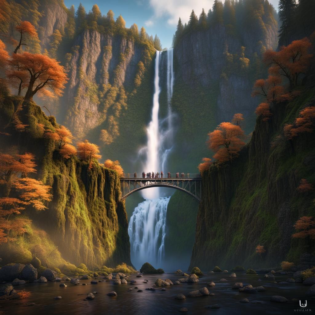Fantastical Multnomah Falls, Oregon, in Detailed Matte Paint...