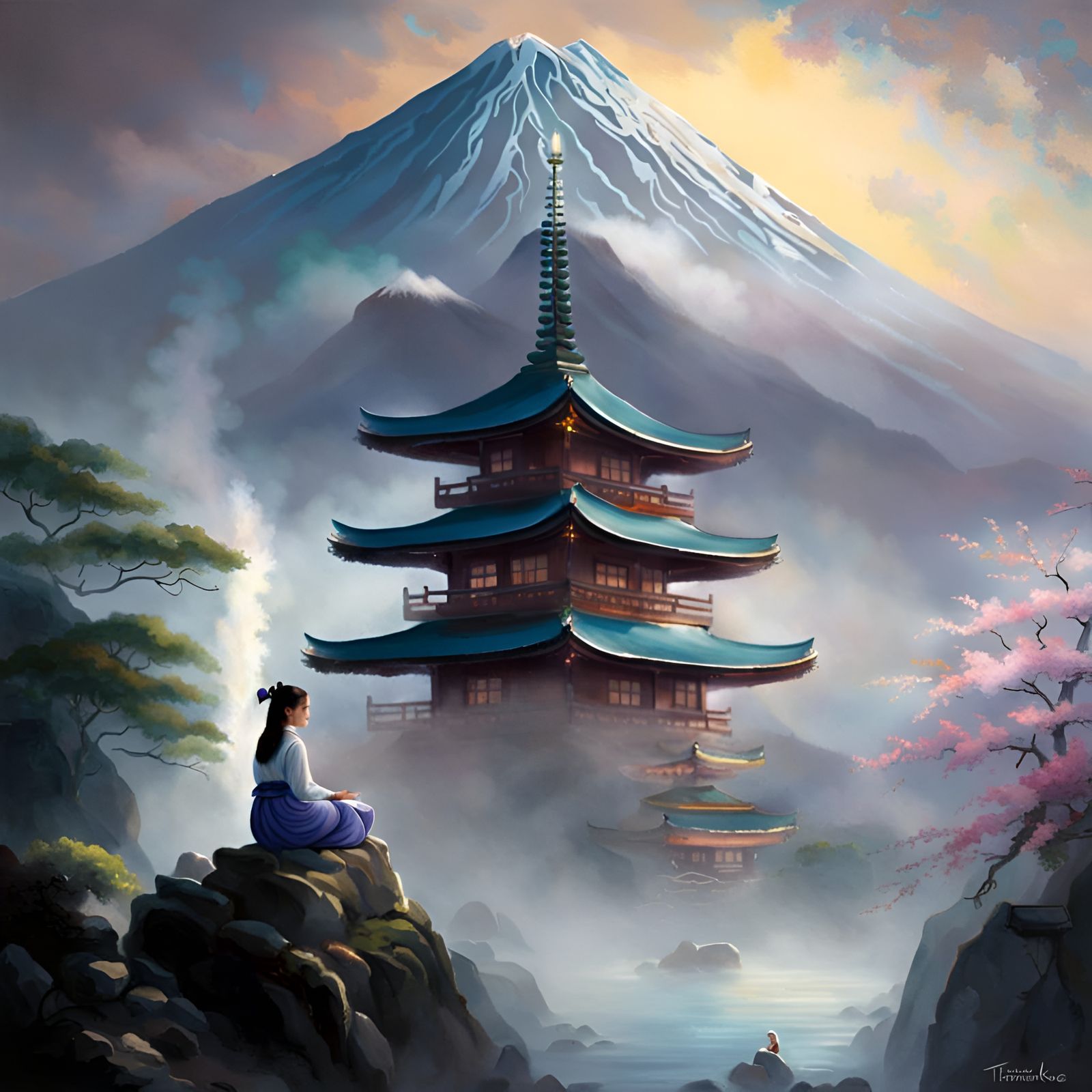 Mount Fuji with woman praying at Buddhist temple ethereal fantasy hyperdetailed mist Thomas Kinkade