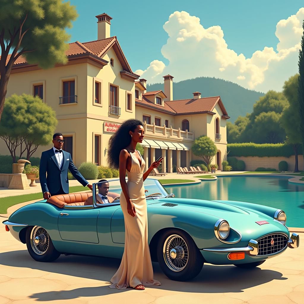 Joyful Woman Beside Convertible, Fantasy Concept Art