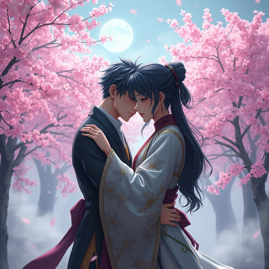 Lovers Embrace in Misty Cherry Blossom Garden
