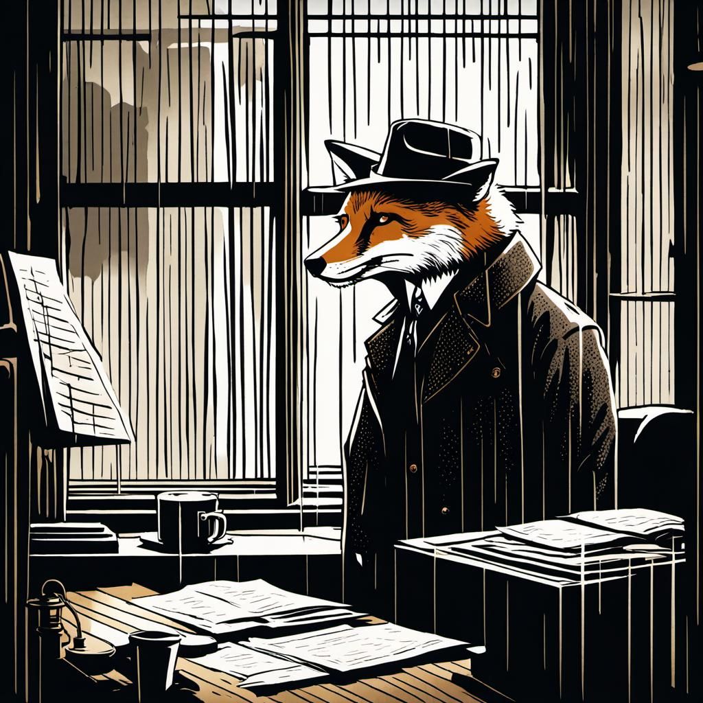 Fox Detective Peering Through Rainy Window