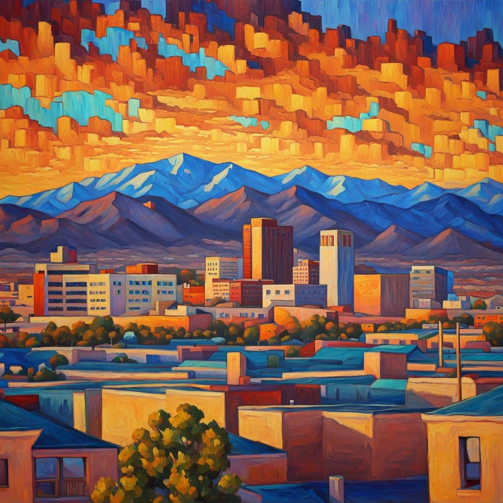 Albuquerque Cityscape in Neo-Impressionism Style