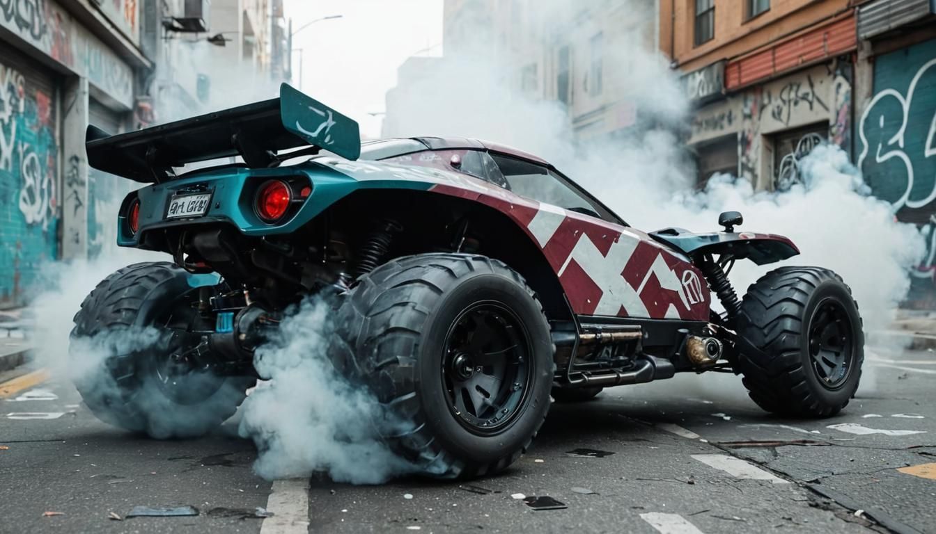 Cyberpunk Buggy Drifting with Smoke and Japanese Glyphs