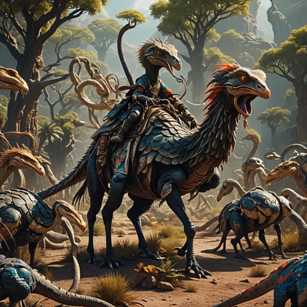 Humanoid Snakes Riding Ostriches in Ultra-Realistic Detail