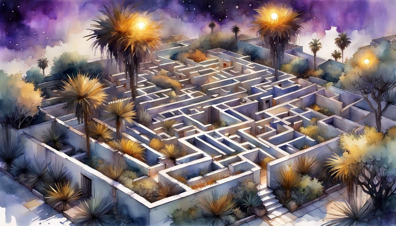 Complex Maze Garden in Digital Watercolor Style