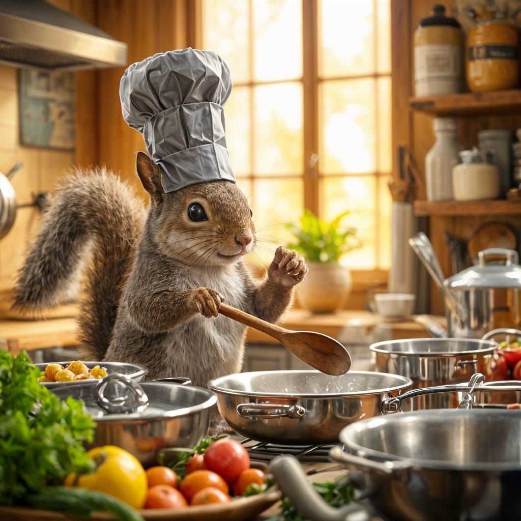 Squirrel Chef in Warm Kitchen