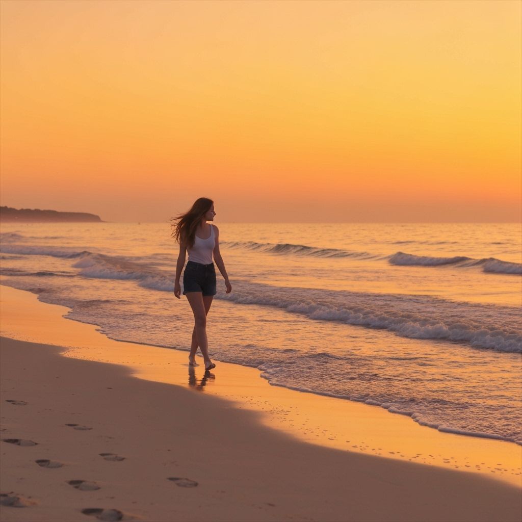 Woman on Beach at Sunset in Impressionist Style