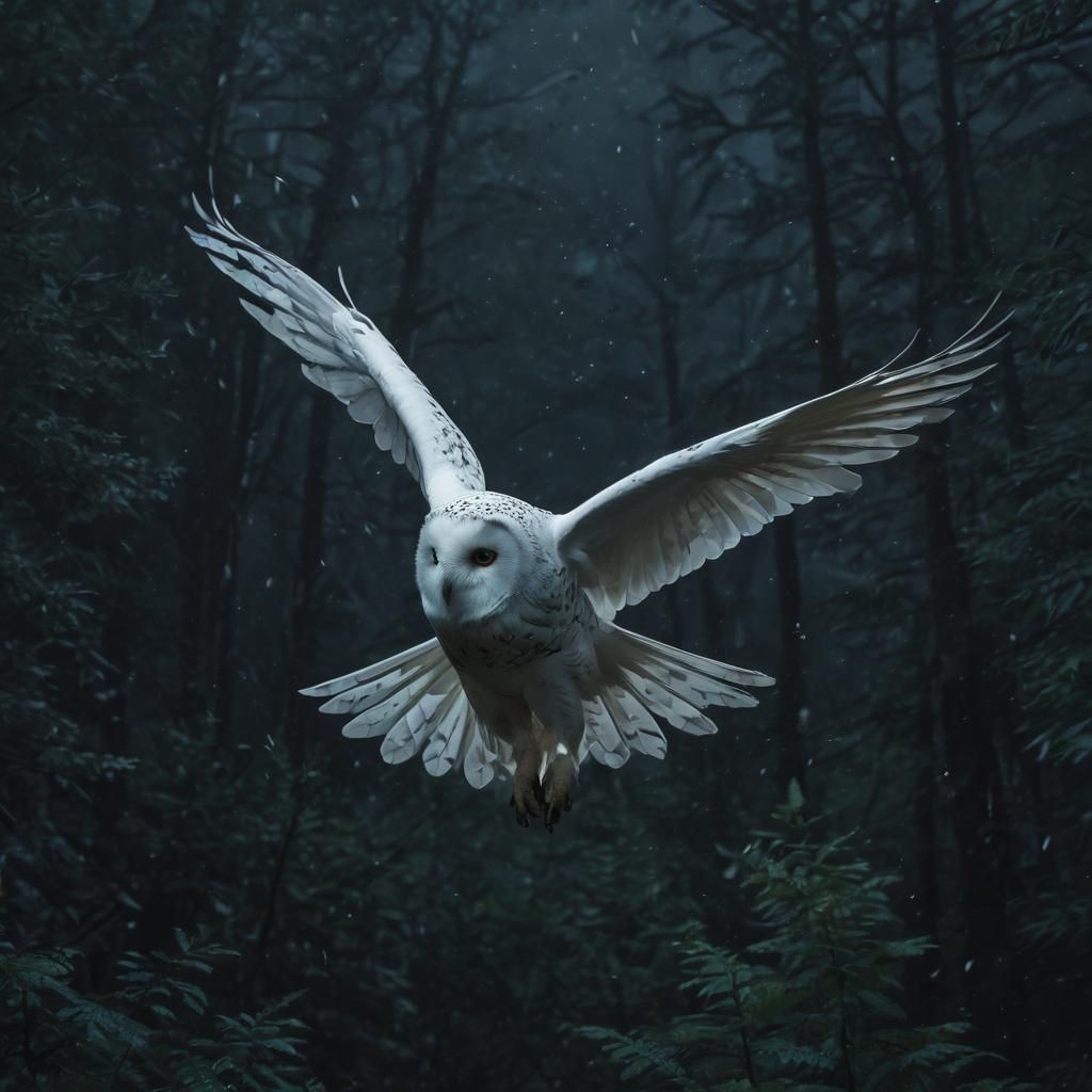 White owl flying over a dark forest