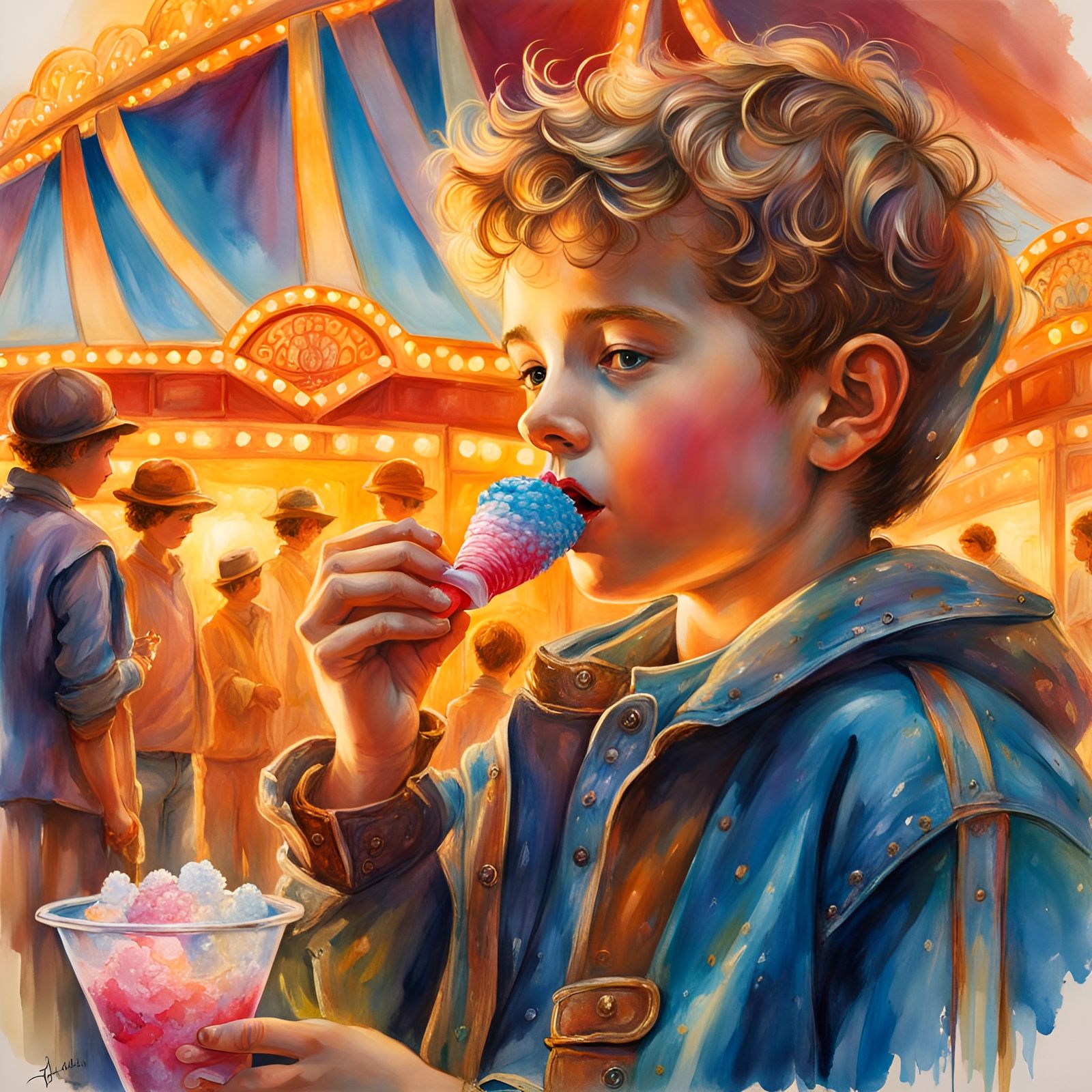 Boy Eating Snow Cone: Polychromatic Watercolor Illustration