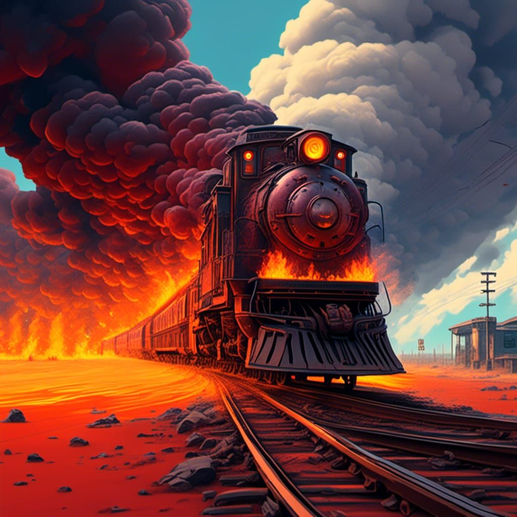 Burning Clockpunk Train on Tracks: Detailed Matte Painting