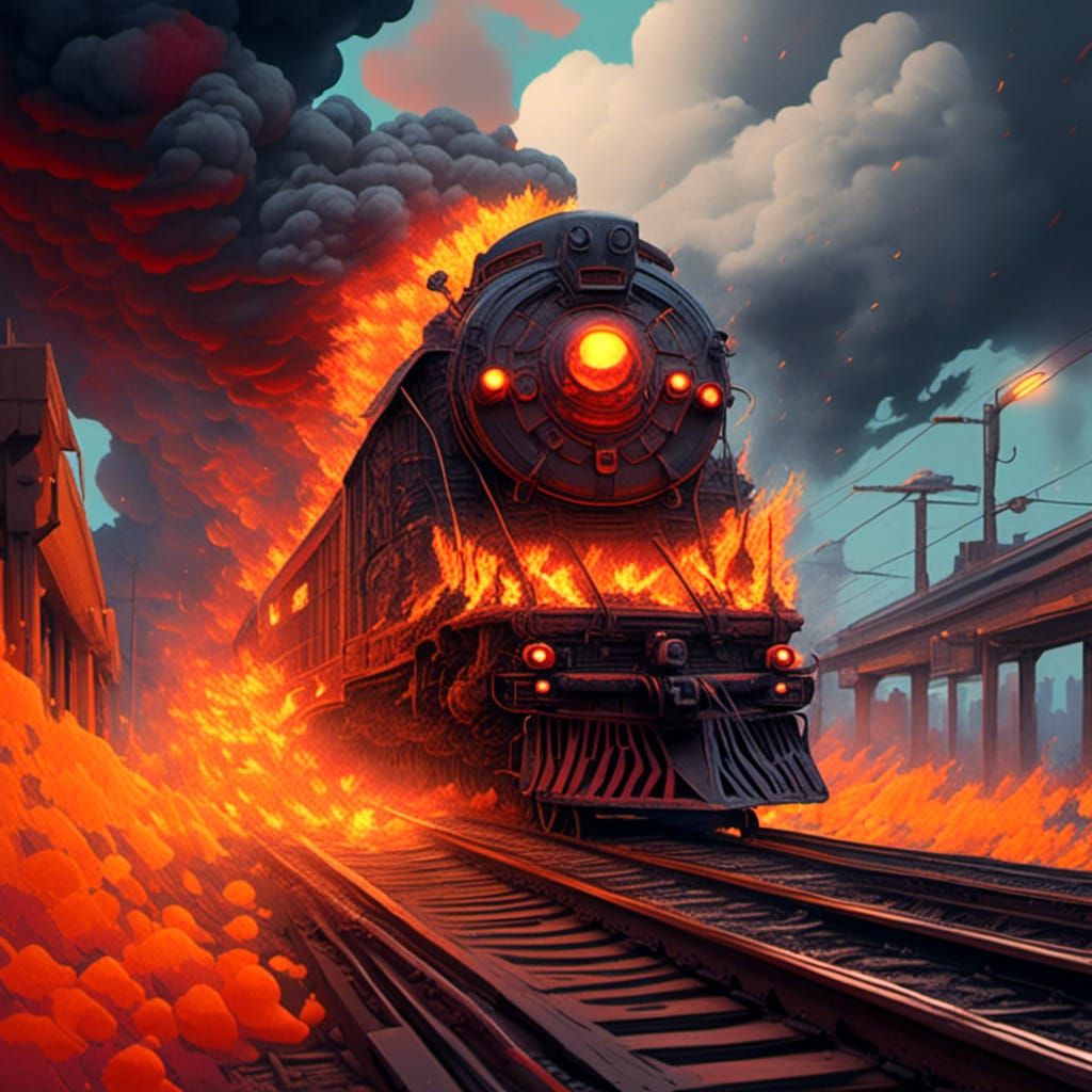 Burning Train in Clockpunk Style: Detailed Digital Art