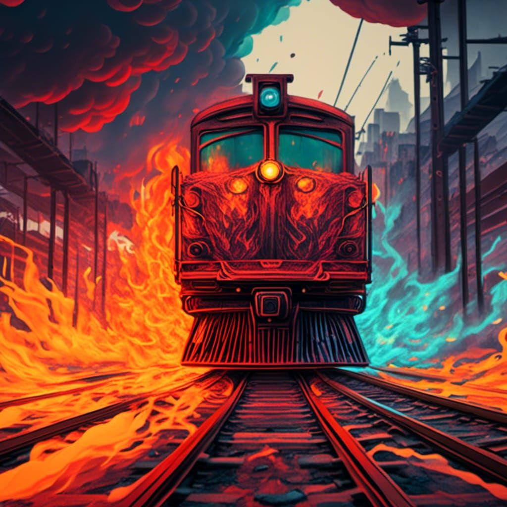 Fiery Clockpunk Train on Tracks: Detailed Matte Painting