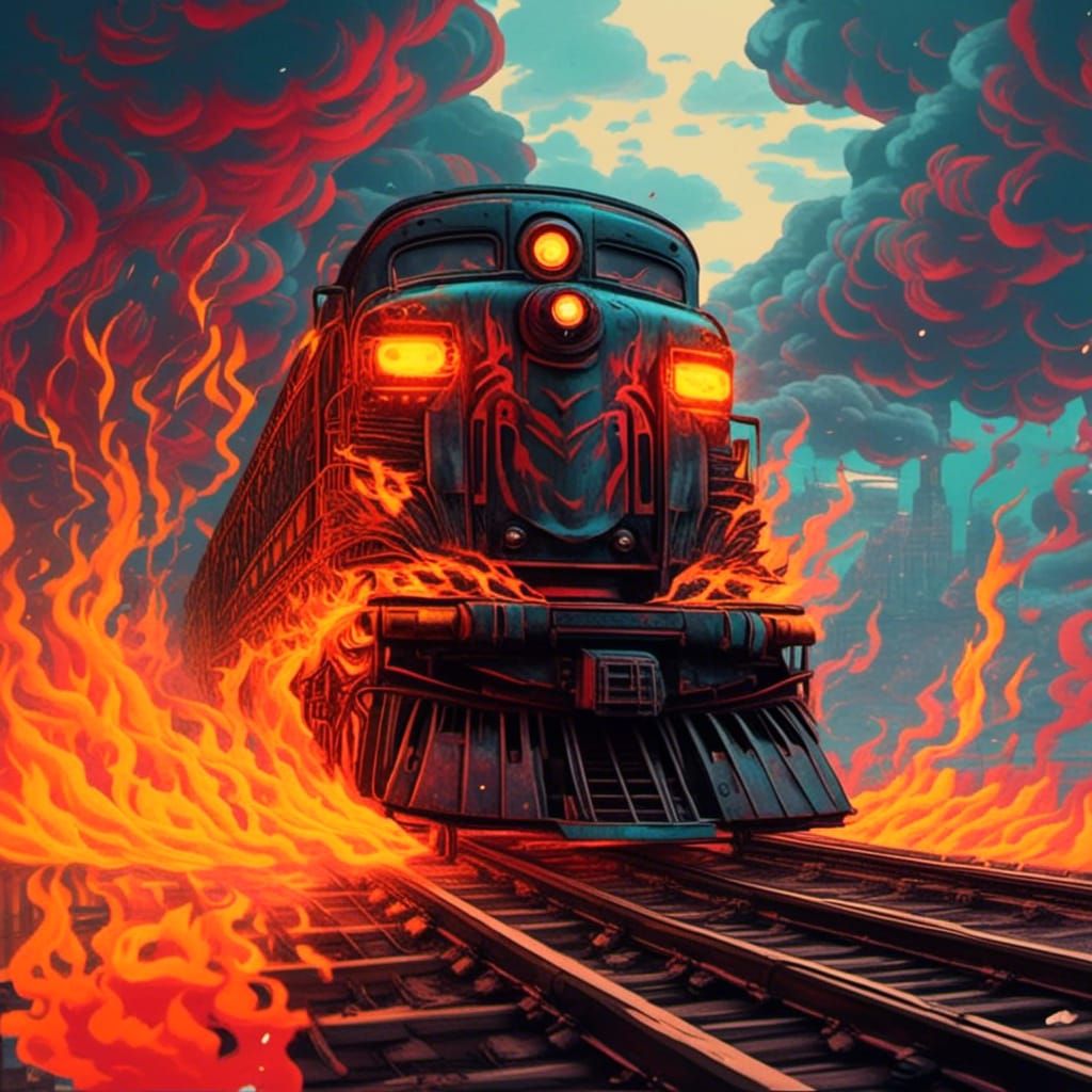 Burning Clockpunk Train Rides the Rails