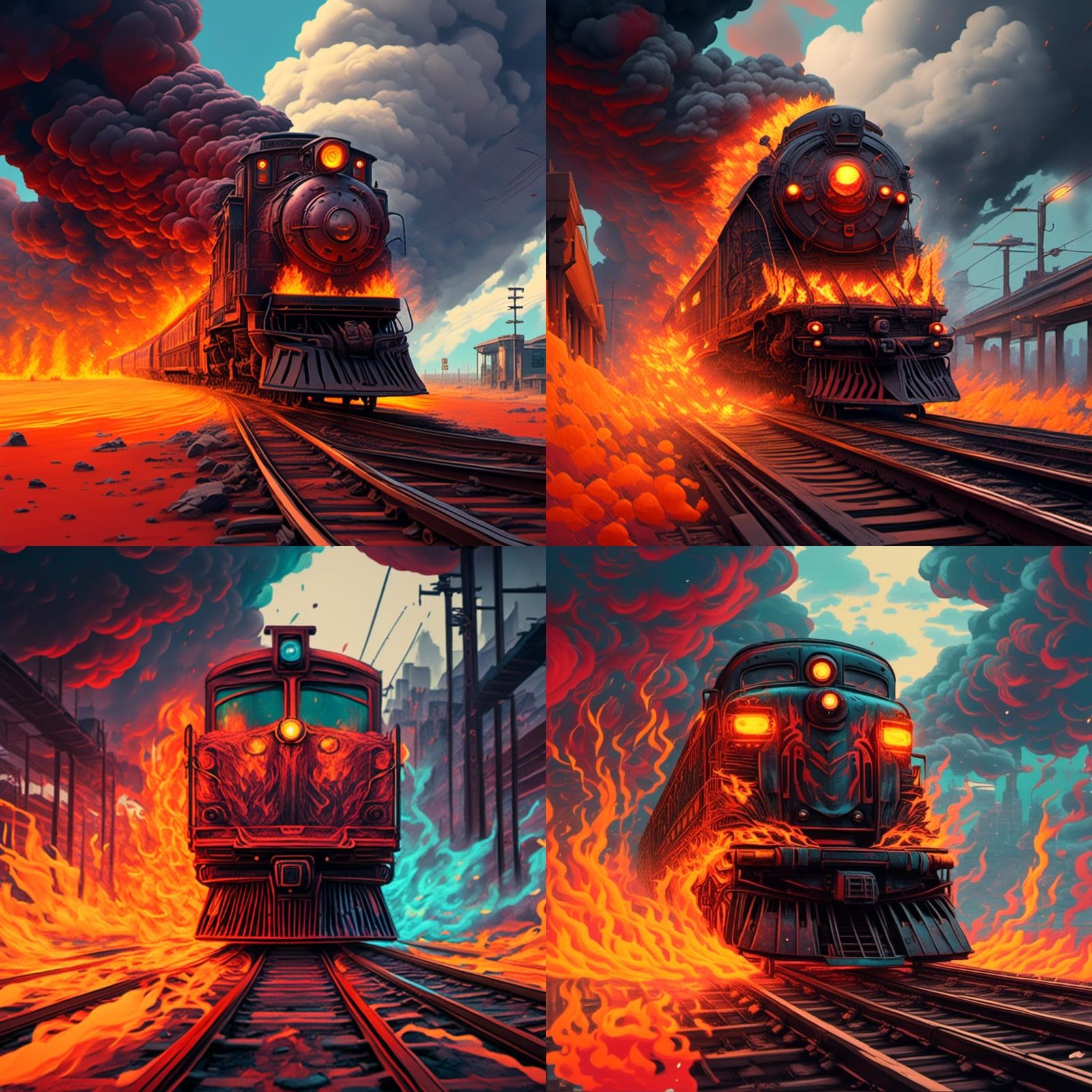 Fiery Clockpunk Train on Tracks: Detailed Matte Painting