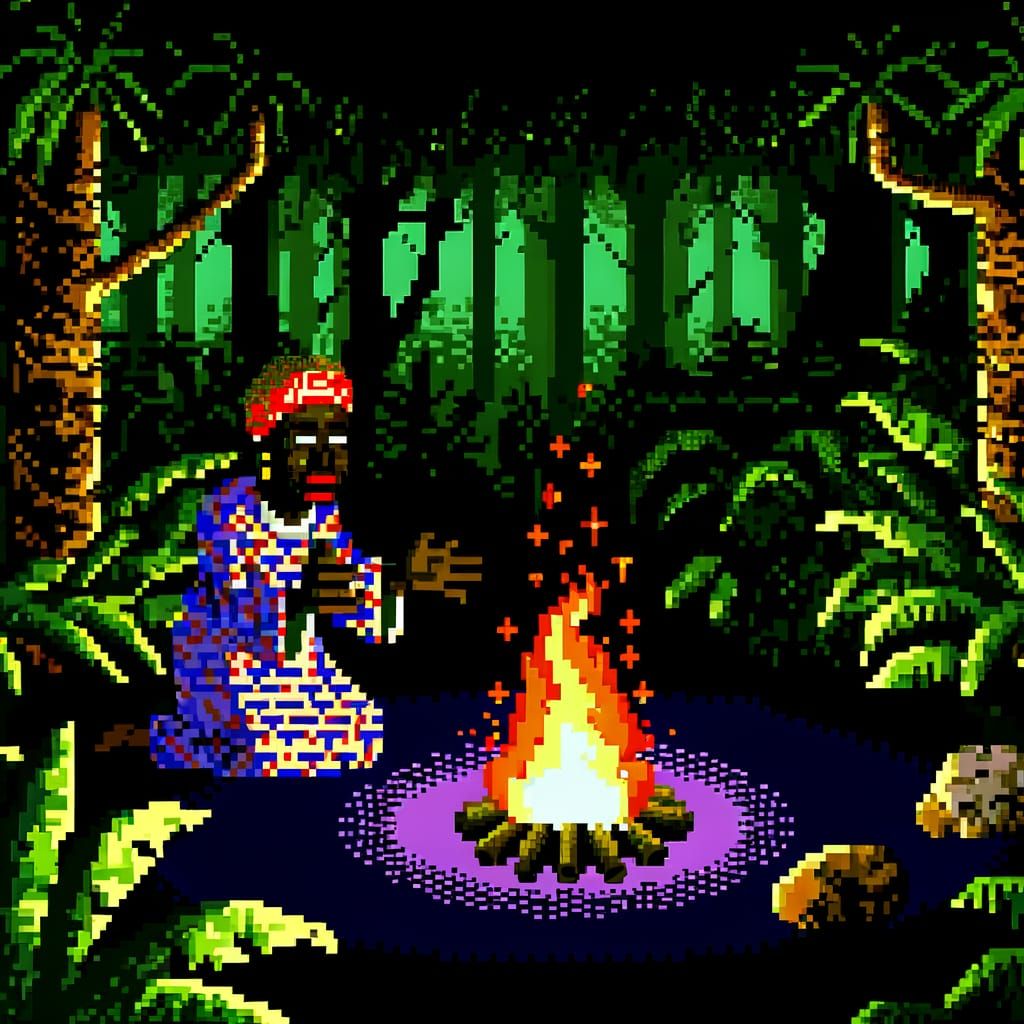 African Witch Doctor in Vibrant 8-bit Jungle Scene