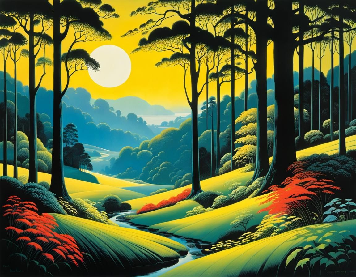 Golden Summer Landscape in Mid-Century Modern Style