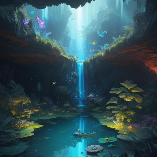 Butterfly in Lush Cave with Bioluminescent Pond