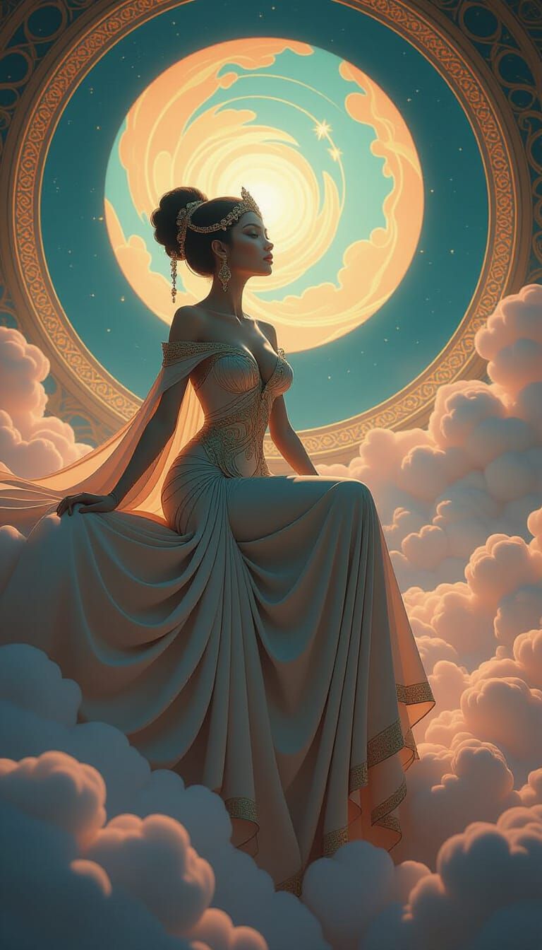 Alien Woman Gazes Upward Amidst Swirling Clouds