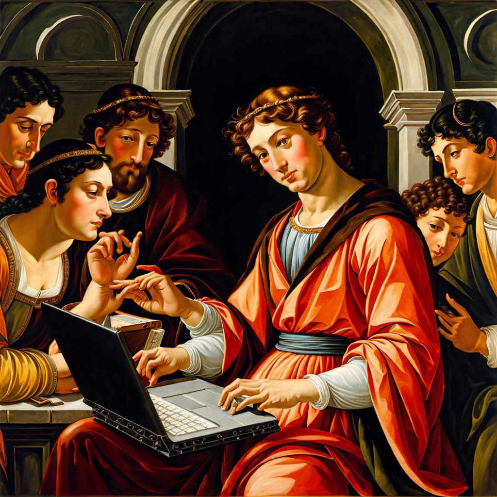 Renaissance Man Lecturing with Laptop, Chiaroscuro Oil Paint...