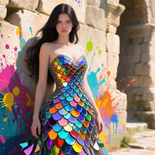 Woman in Intricate Glass Fish Scale Gown