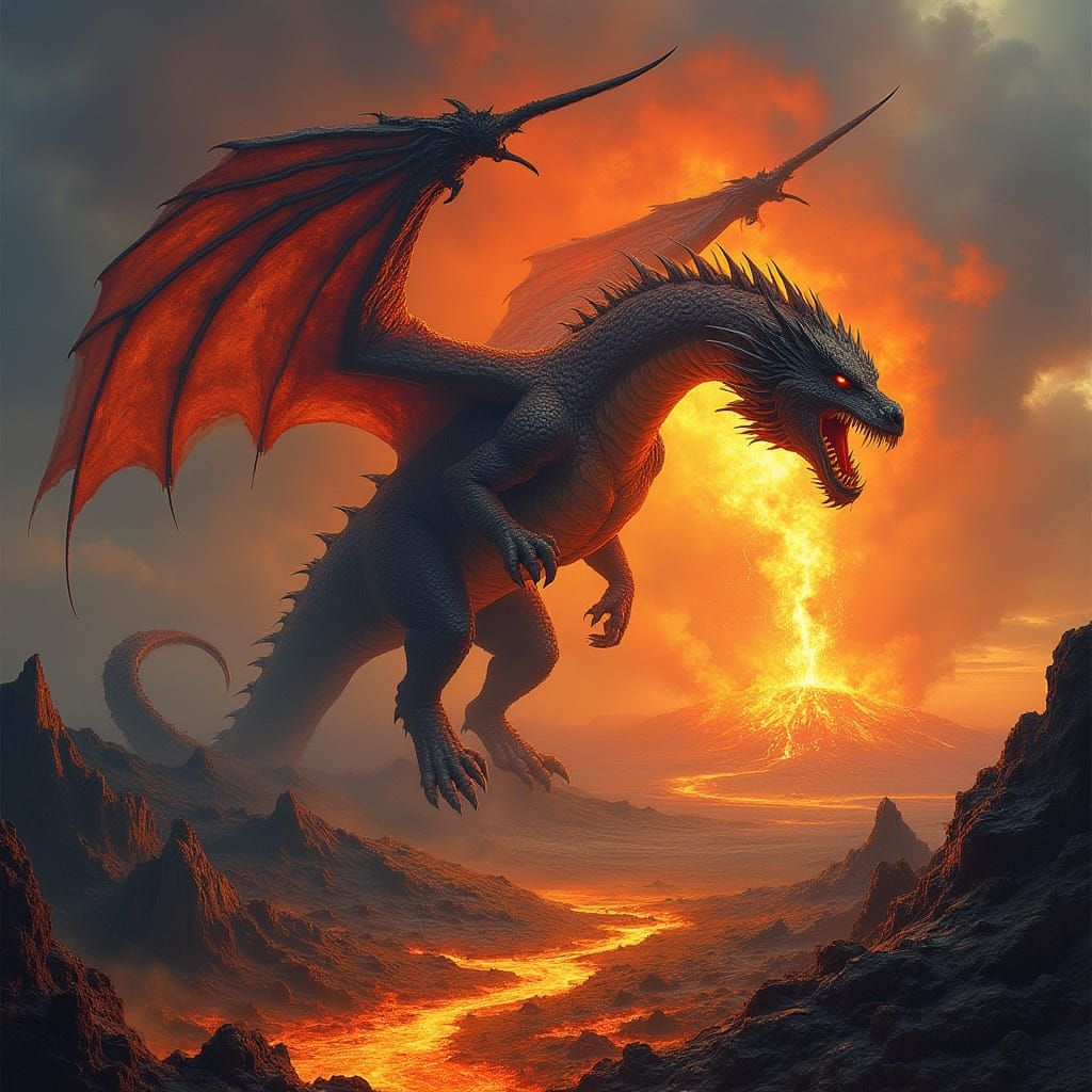 Lava Dragon Rising from Fiery Volcano