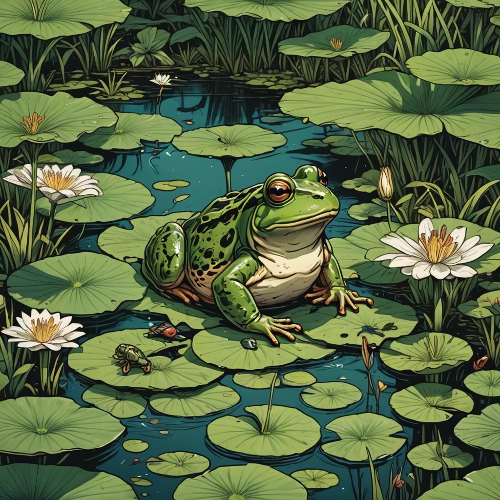 Frog on Lily Pad Comic Book Art