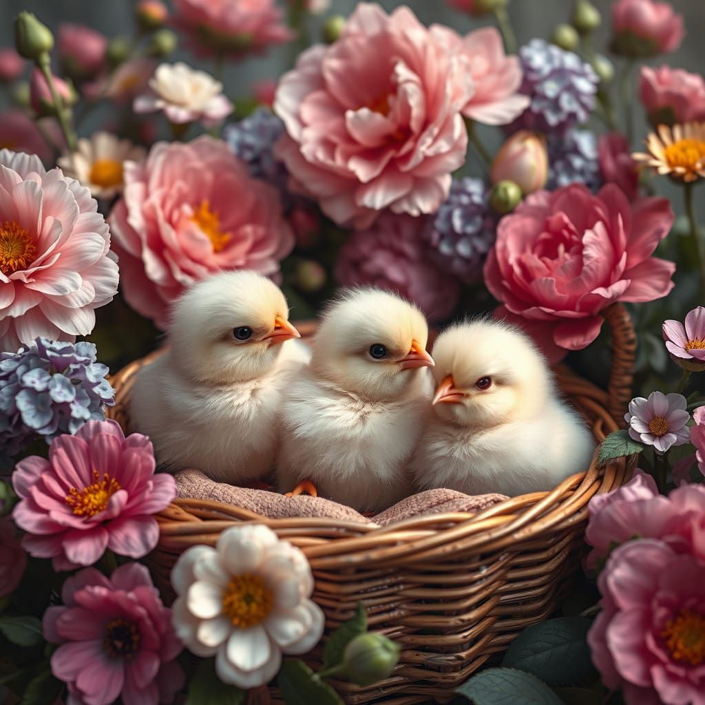 Whimsical Chicks in a Blooming Wicker Basket