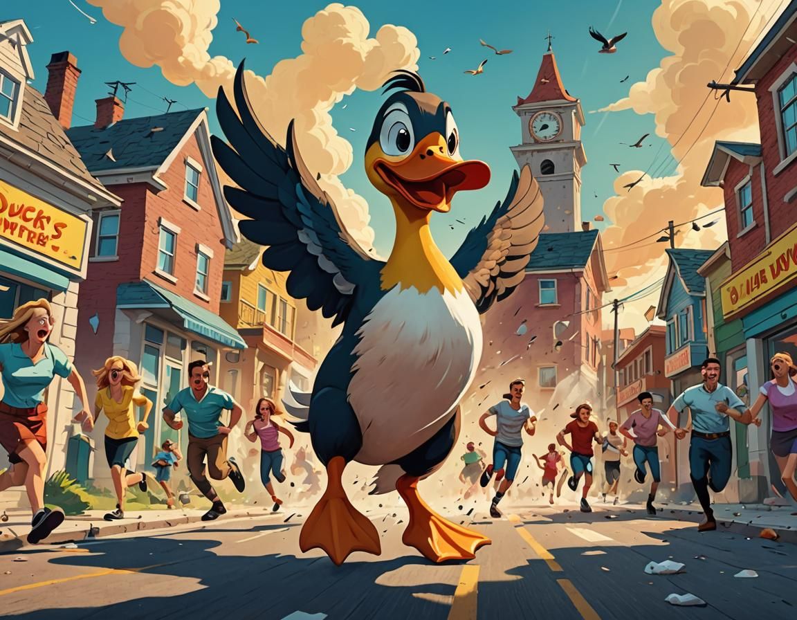 Giant Duck Attacks Town in Cartoon Style