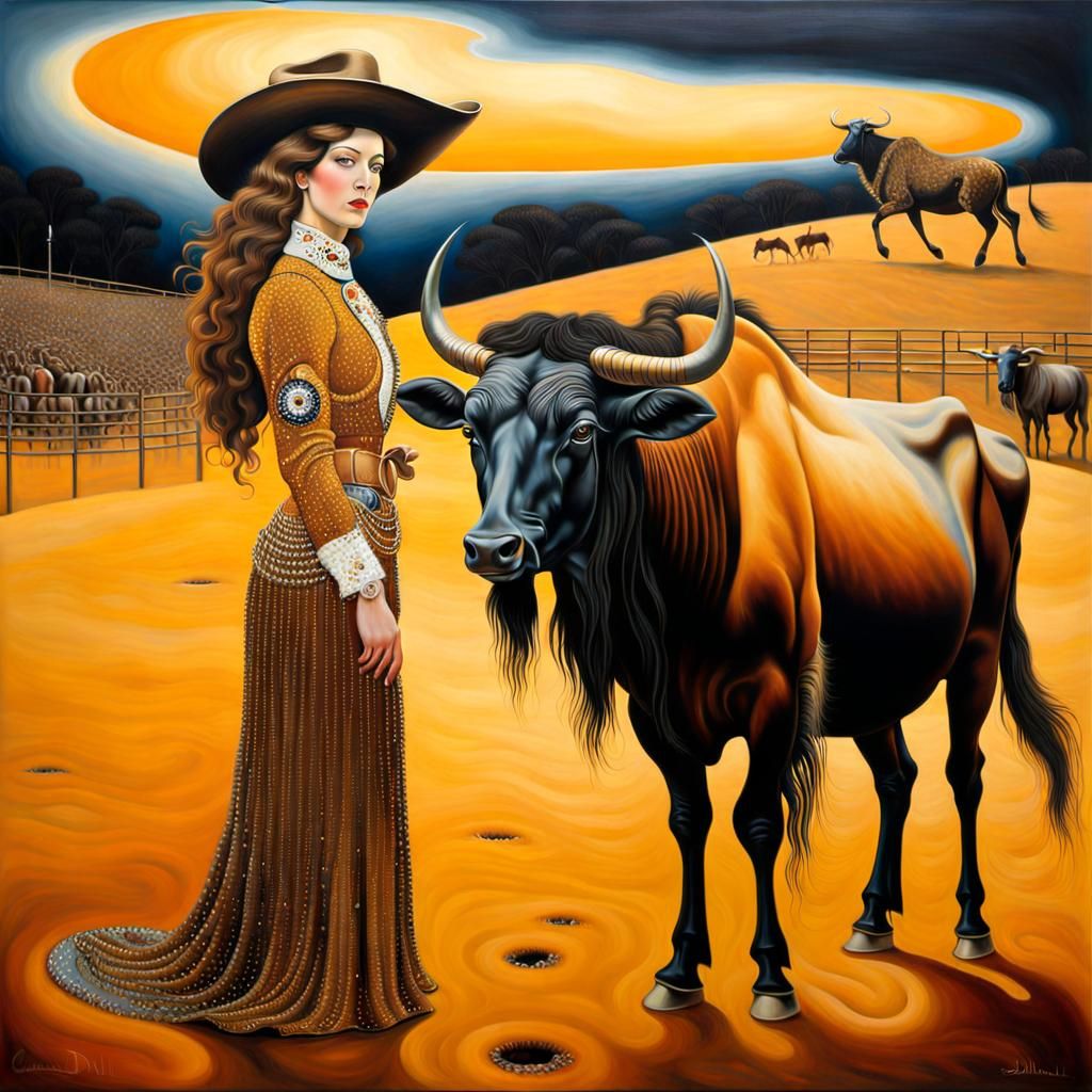 Surreal Annie Oakley and Wildebeest Painting