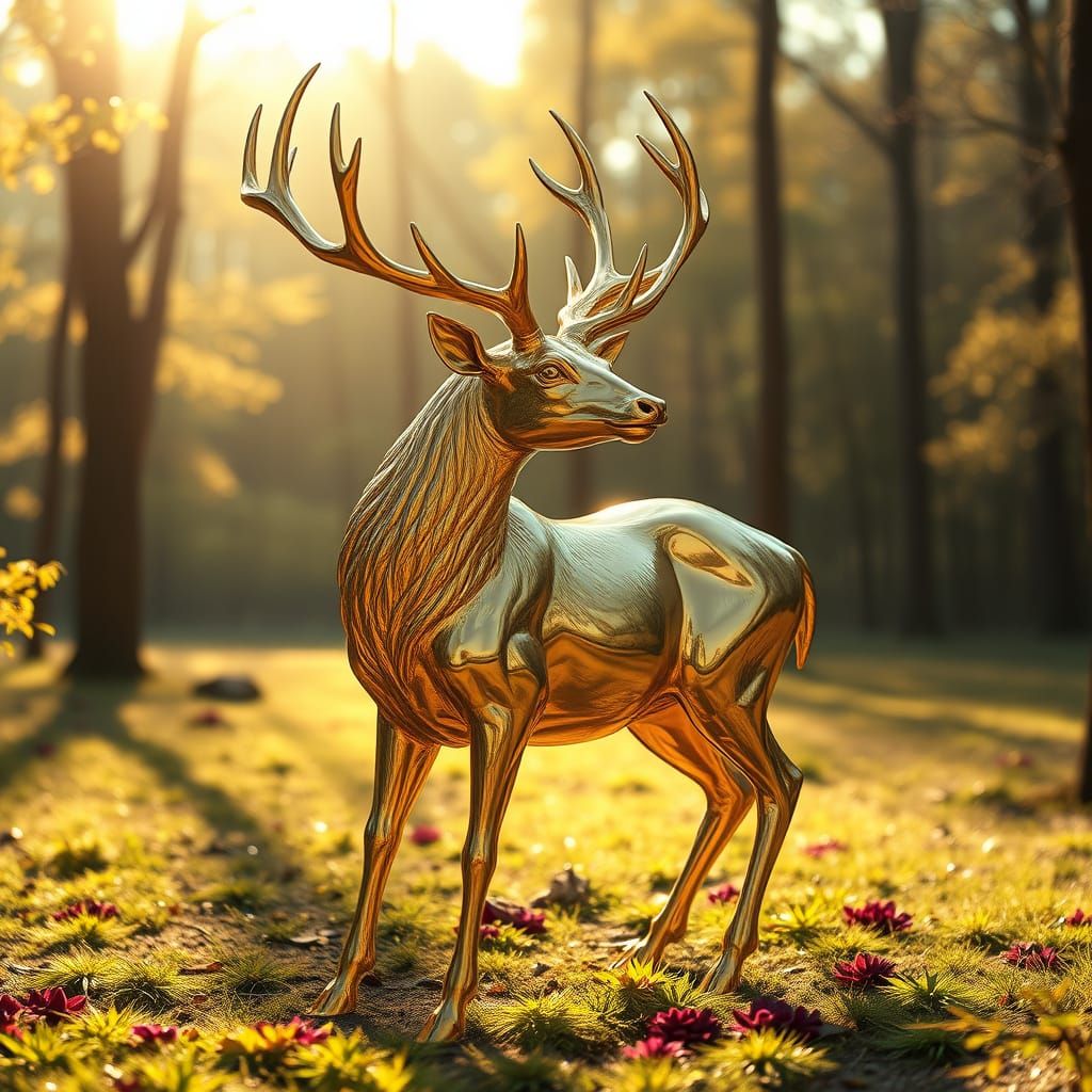 Majestic Golden Deer in Sunlit Forest, Hyperrealistic