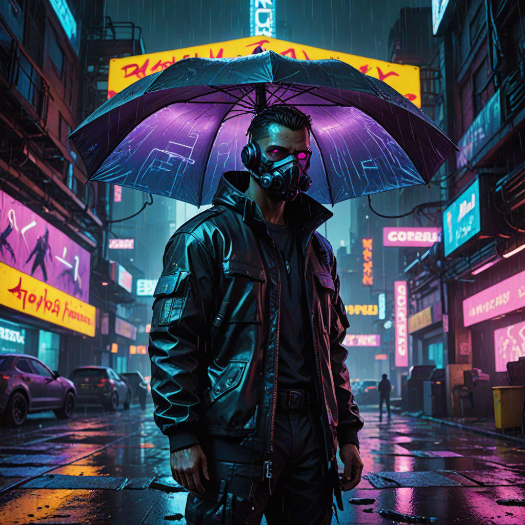 Cyberpunk Corporate Agent in Gritty Rain-Swept Cityscape