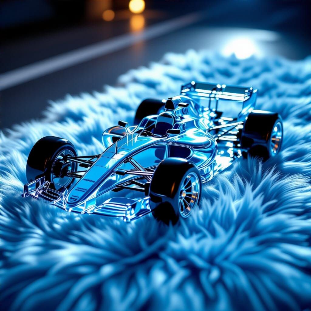 Art Nouveau Blown Glass F1 Racecar on Blue Fur