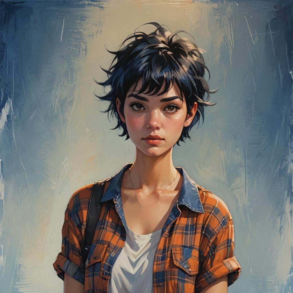 Teenage Girl Portrait with Pixie Cut in Digital Art Style