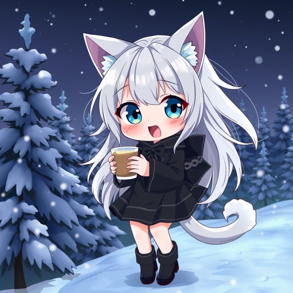 Cute Catgirl Drinks Coffee Under the Moonlit Forest