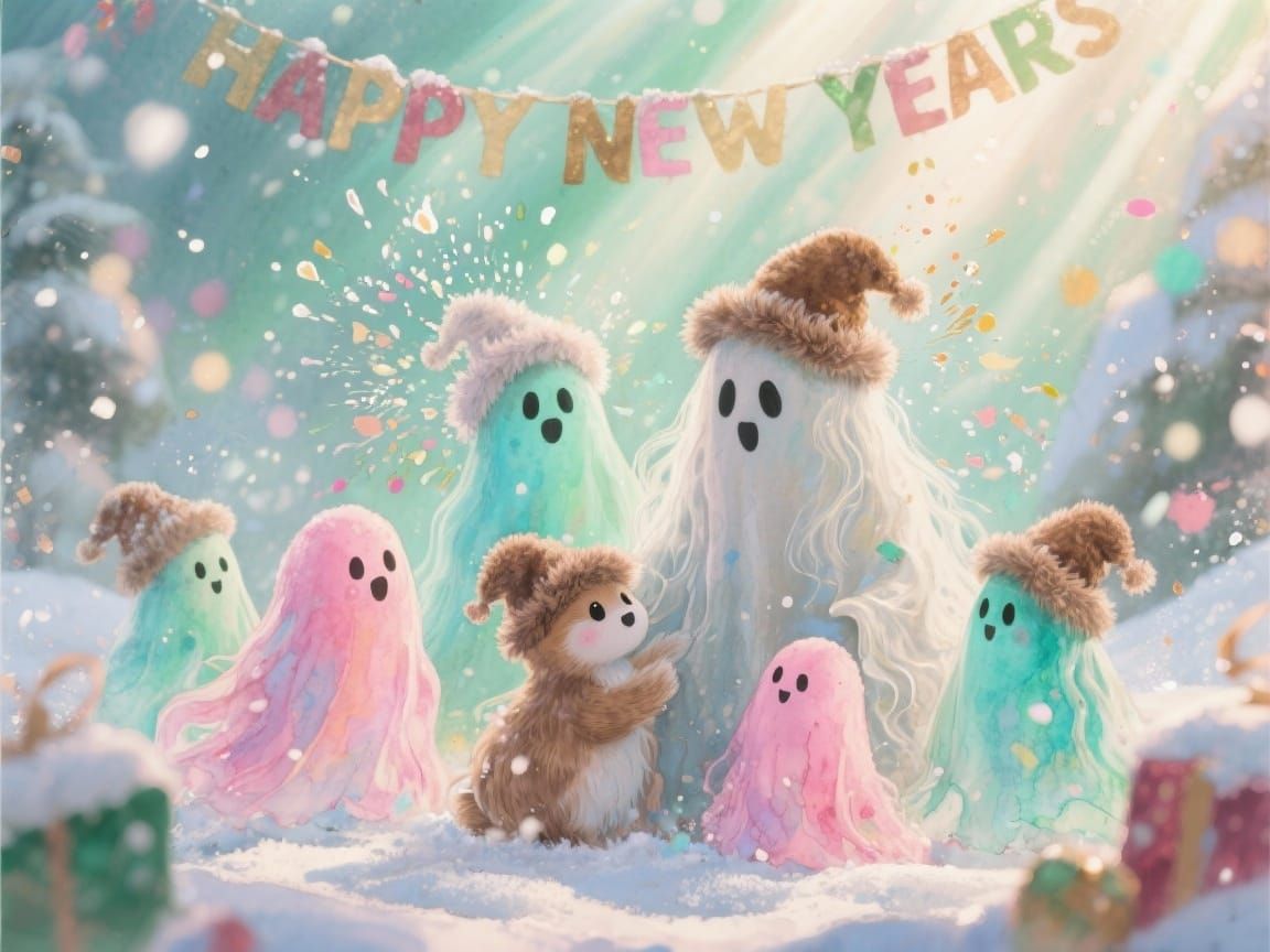 Cute Ghosts Celebrate With Festive "Happy New Year" Banner