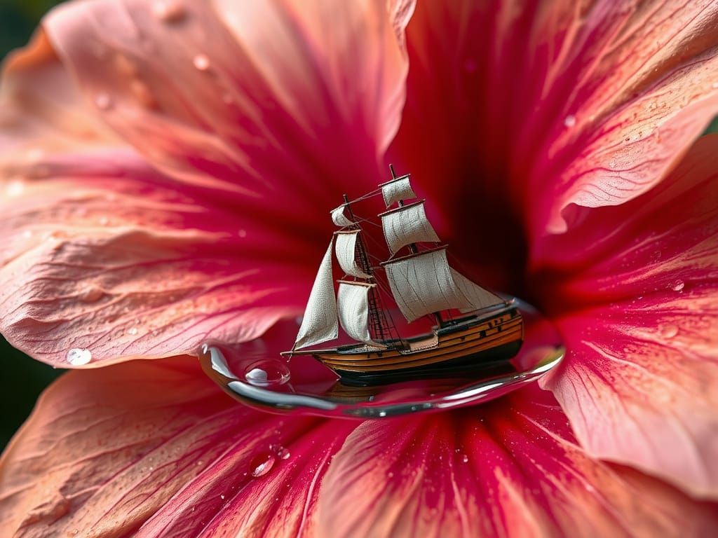 Miniature Ship Reflected in Hibiscus Dewdrop