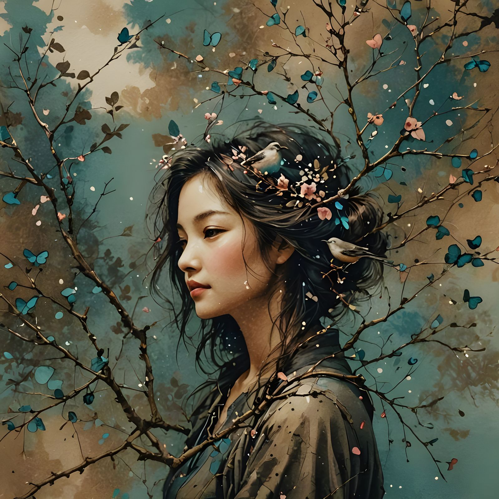 Bird on Branch Sumi-e Style Digital Art