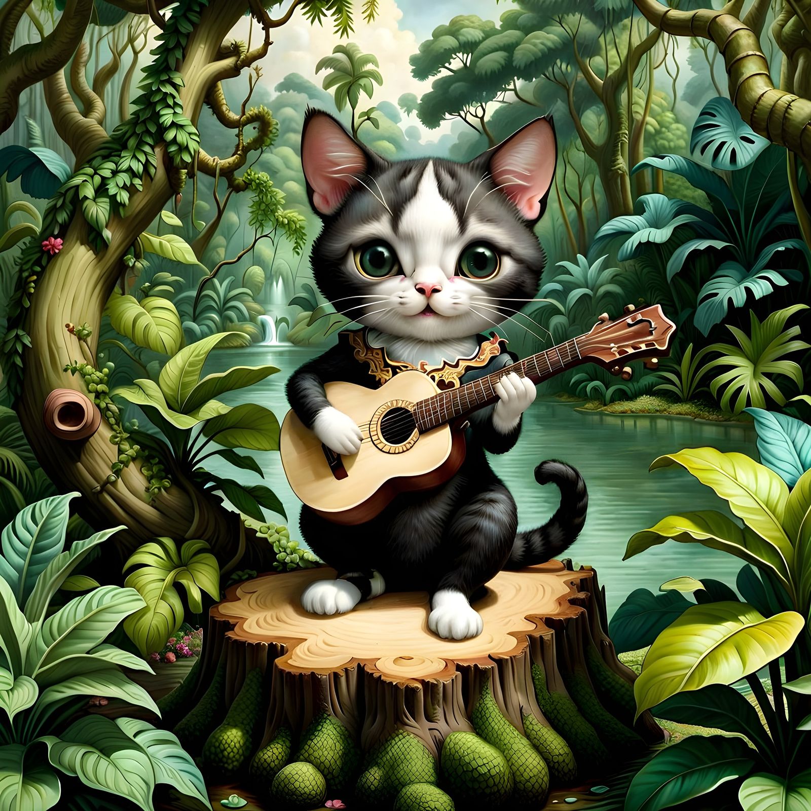 Funny Cat Playing Guitar in Lush Jungle Landscape