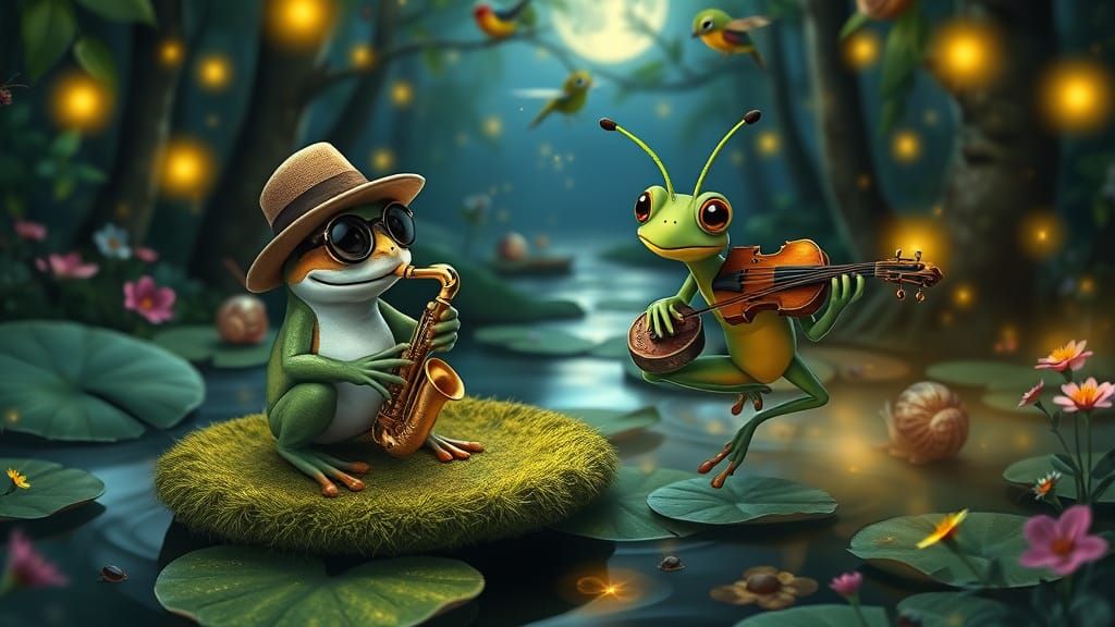 Frog Saxophonist and Grasshopper Violinist in Enchanted Fore...