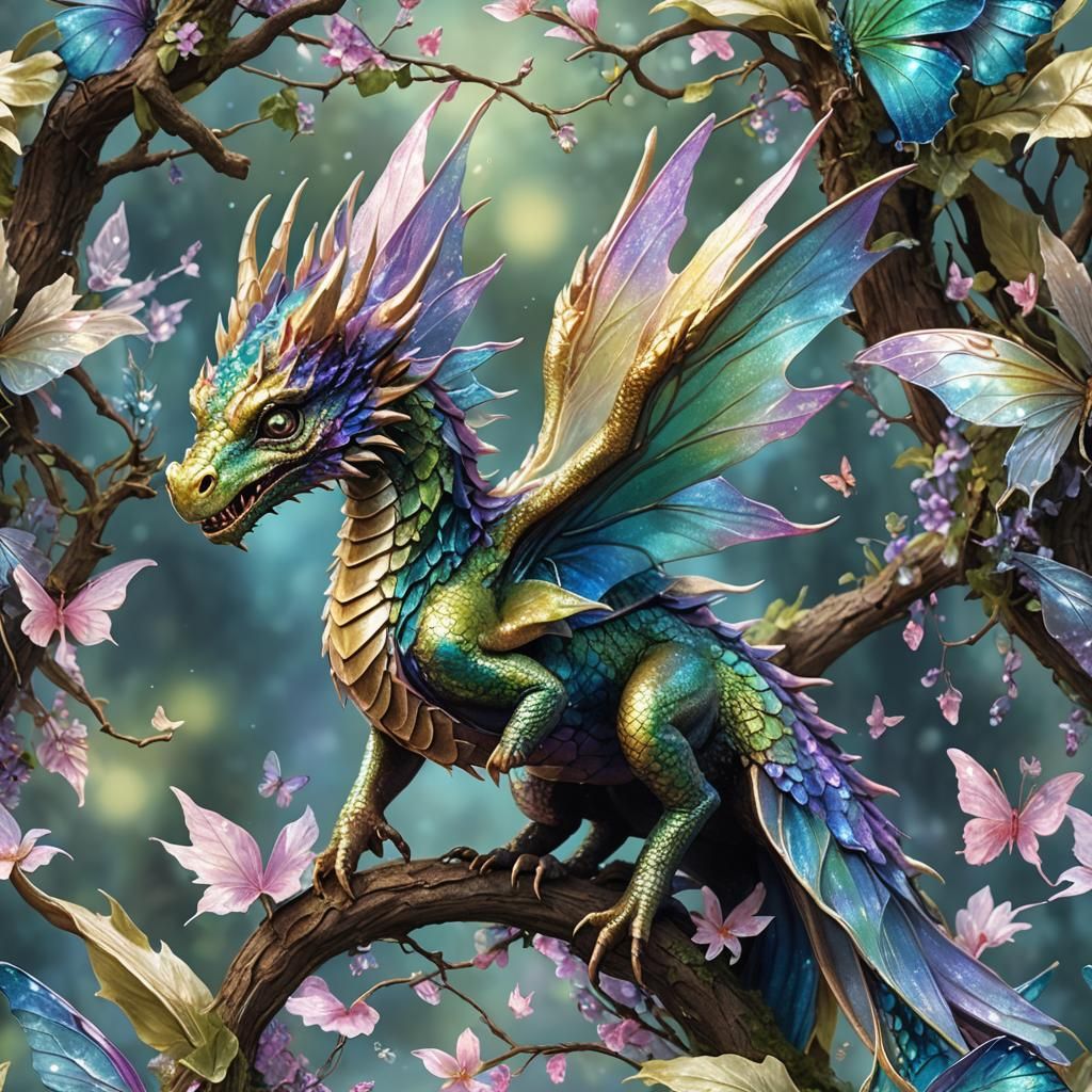 Iridescent Fairy Dragon in Photorealistic Style