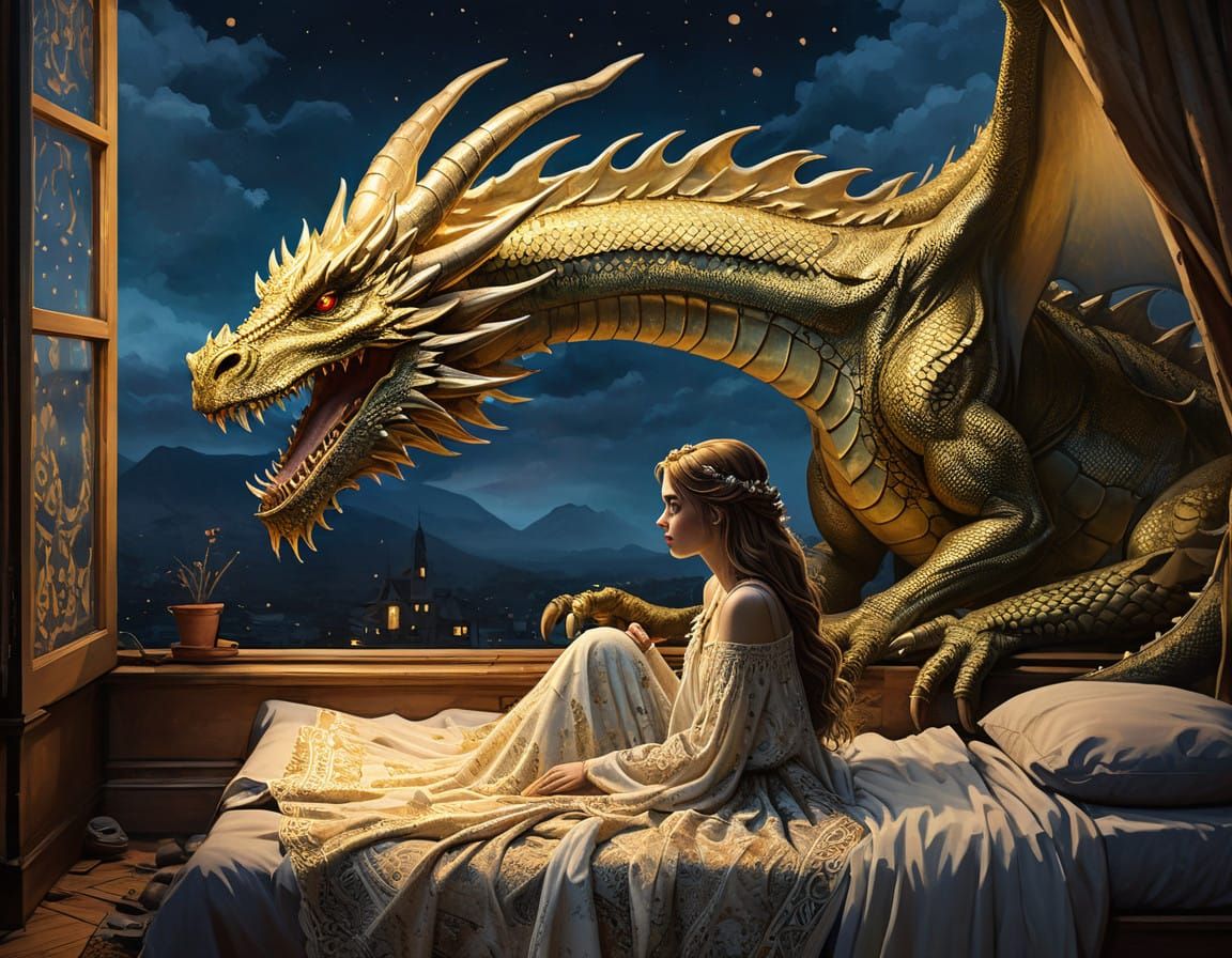 Dreamy Princess in Bohemian Bedroom with Dragon Flying by