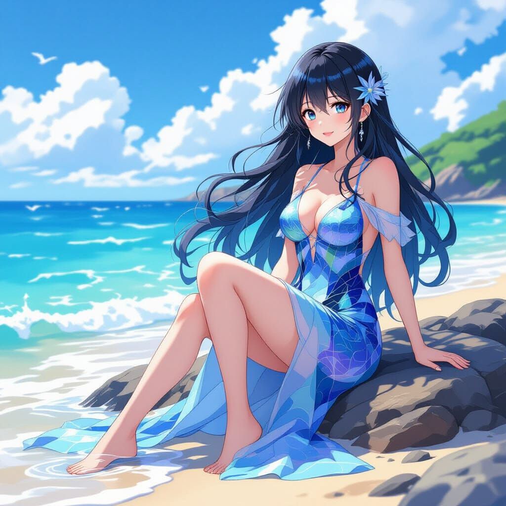 Anime Siren with Split Hair on Rocky Shore