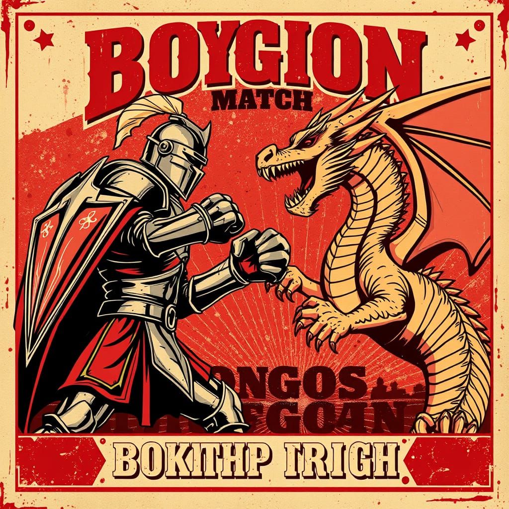 Knight vs Dragon Boxing Match Vintage Poster