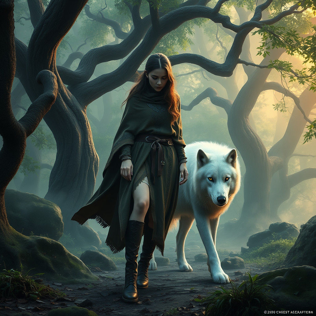 Woman and Wolf in Mystical Forest Landscape