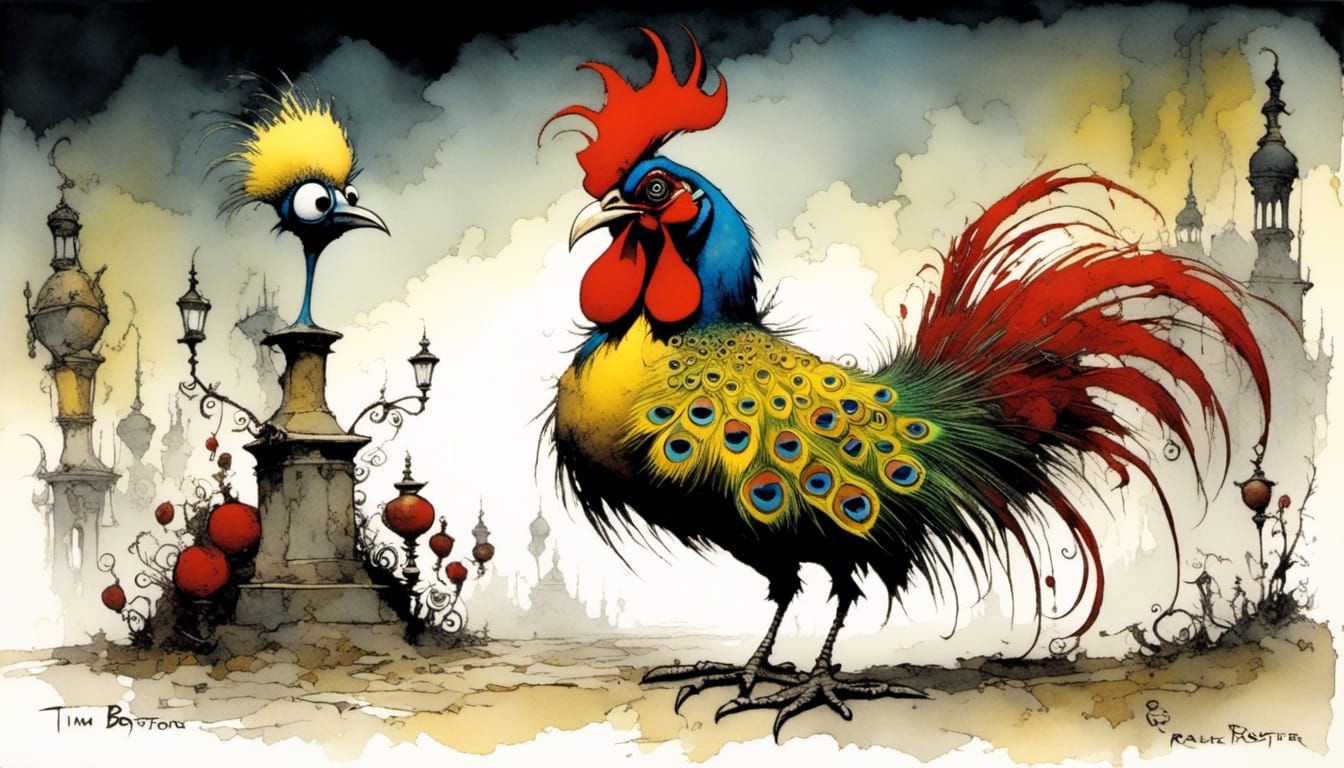 Gothic Rooster with Peacock Tail