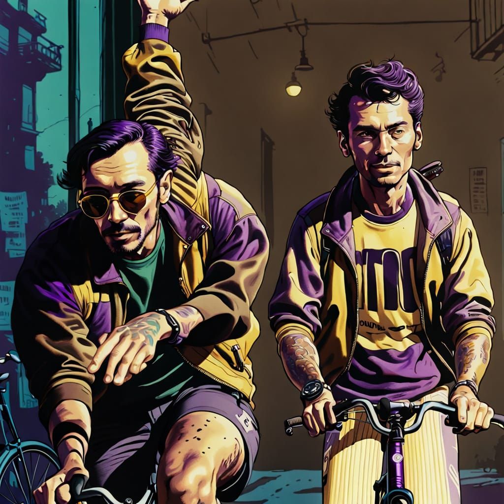 Cyclist Waves to Others in Hyperrealistic Digital Art